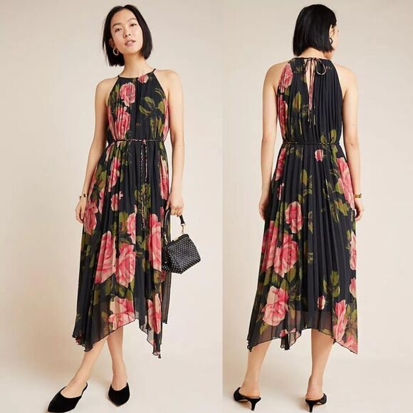 Anthropologie Women's Size M Emeline Pleated Maxi Dress Floral Halter Pullover - Picture 4 of 14